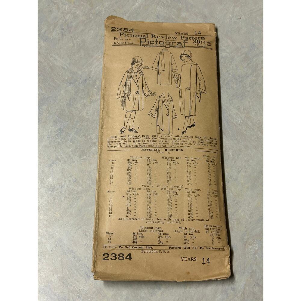 Antique 1920's Pictorial‎ Review Pattern #2384 Girls/Juniors Coat Size 14 Years